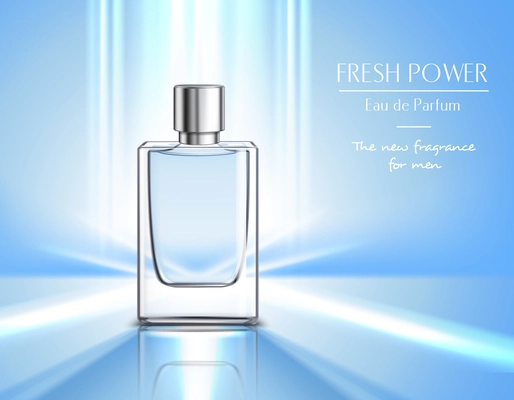 New fragrance for men perfume poster with vial of eau de parfum  on blue background and fresh power headline realistic vector illustration