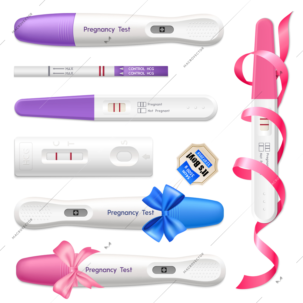 Pregnancy tests digital and 2 lines kits  realistic collection with blue and pink ribbons isolated vector illustration