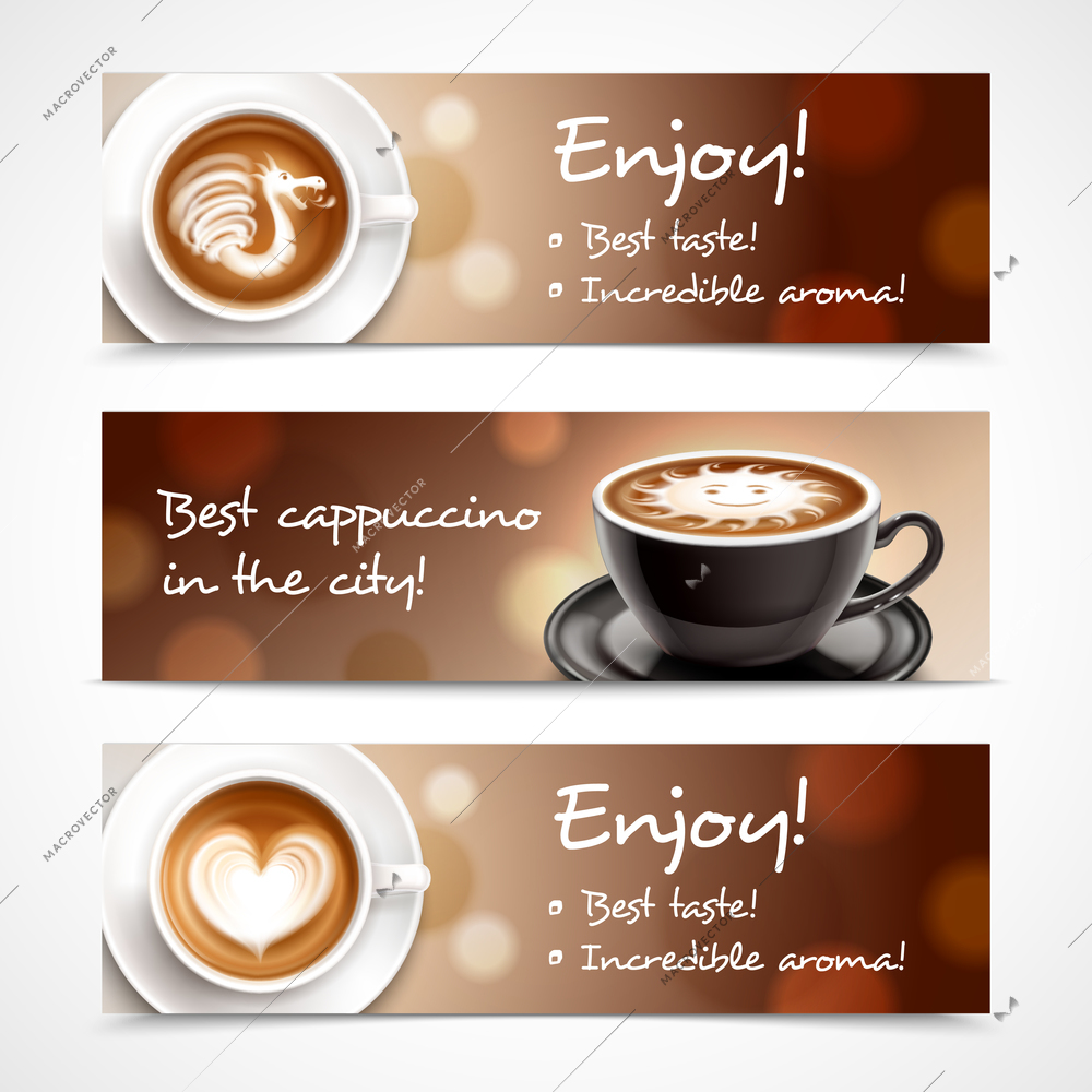 Coffee advertising horizontal banners with cups of cappuccino or latte and description best taste and incredible aroma realistic vector illustration