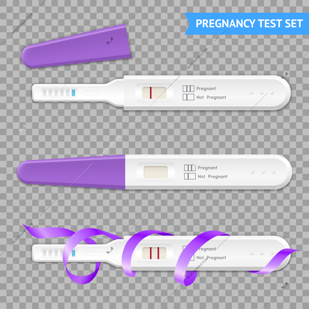Early pregnancy 2 lines test kits realistic collection with lilac ribbons on transparent background isolated vector illustration