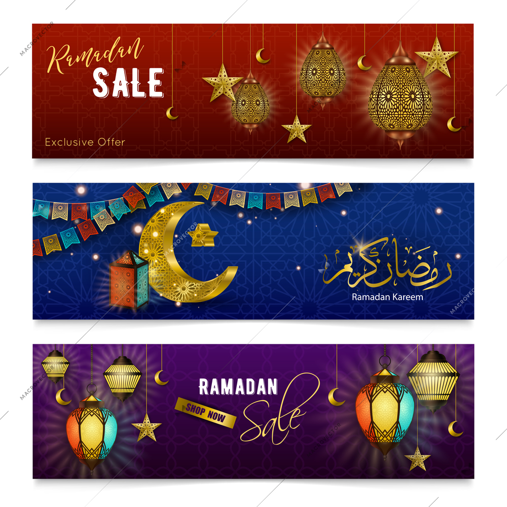 Ramadan kareem holy month ritual festive objects sale 3 realistic horizontal colorful background banners isolated vector illustration