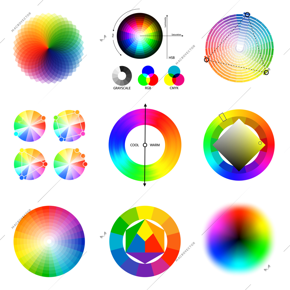 Perfect matching beautiful color gradients and harmonious combinations generation principles  circle schemes palette set isolated vector illustration