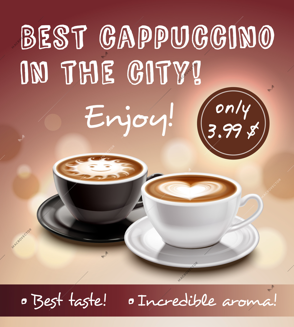 Coffee advertisement art poster with offer of best cappuccino in city at lowest price realistic vector illustration