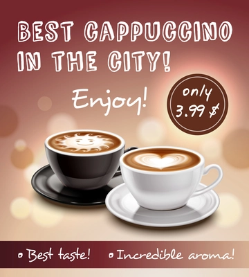 Coffee advertisement art poster with offer of best cappuccino in city at lowest price realistic vector illustration