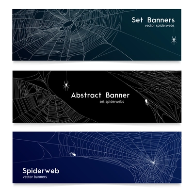 Spider web and cobwebs 3 realistic horizontal banners with black and dark blue background isolated vector illustration