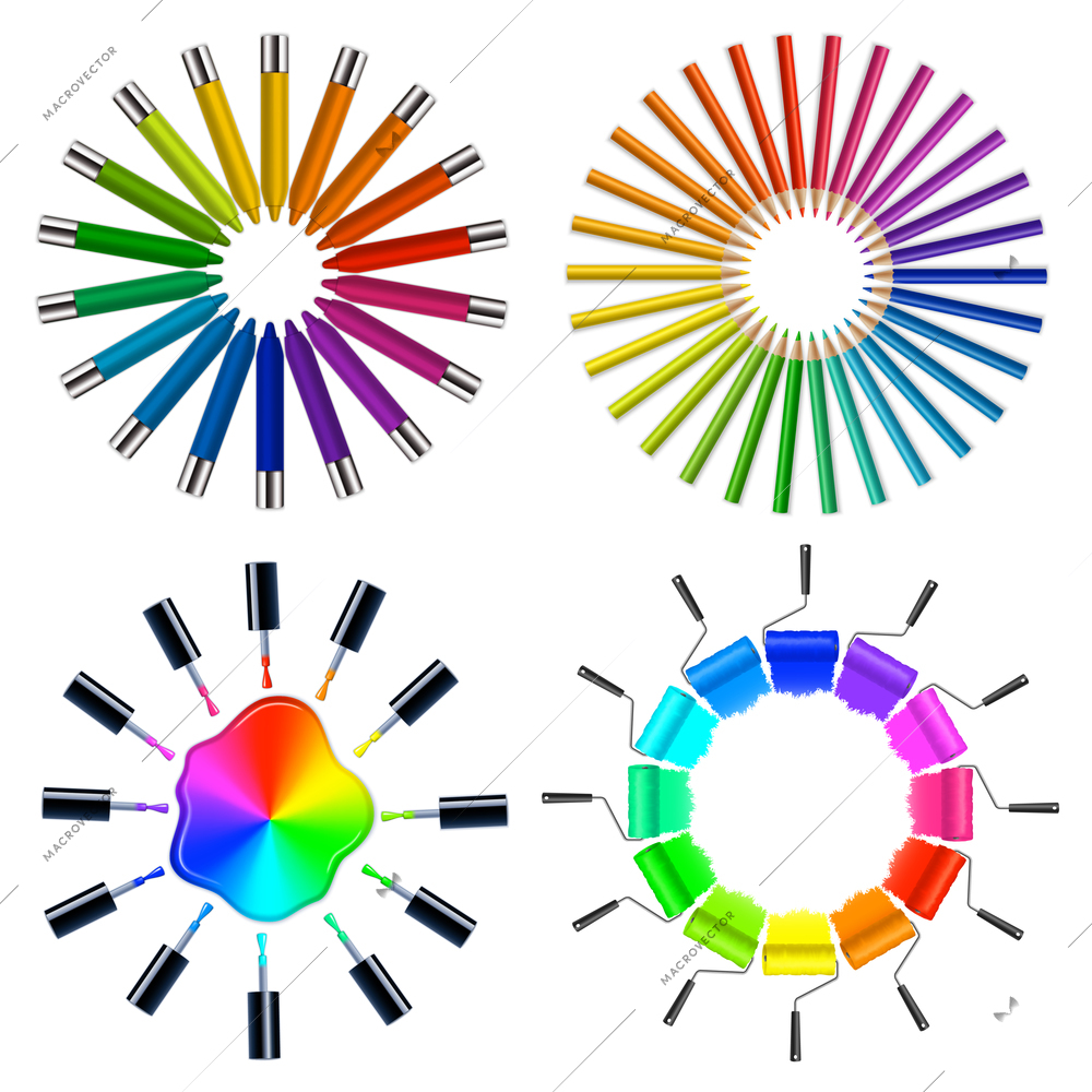 Circular art objects collection with pleasing parts arrangement based on color wheels schemes theory isolated vector illustration