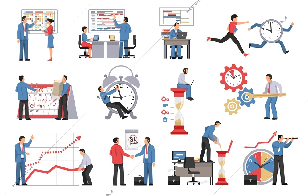 Time management isolated icons set of people planning their business process and work schedule vector illustration