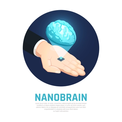 Nano technology isometric round composition with hand holding micro chip with brain on black background vector illustration