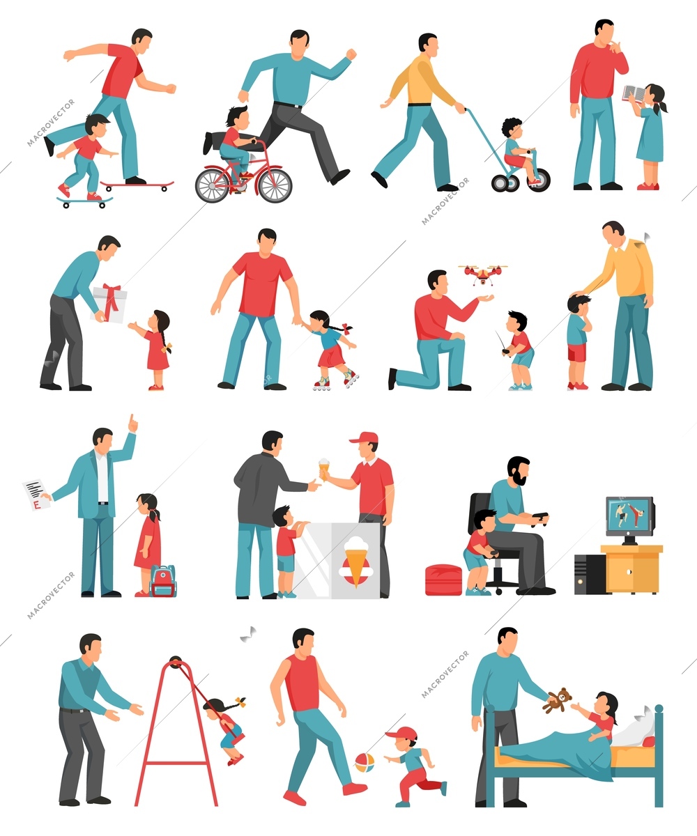 Fatherhood colored set of dad playing with his little children indoor and outdoor isolated vector illustration