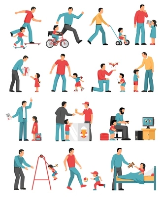 Fatherhood colored set of dad playing with his little children indoor and outdoor isolated vector illustration