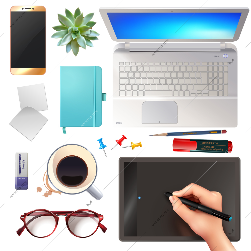 Set of 3d office objects top view including mobile devices, stationery, coffee and glasses isolated vector illustration