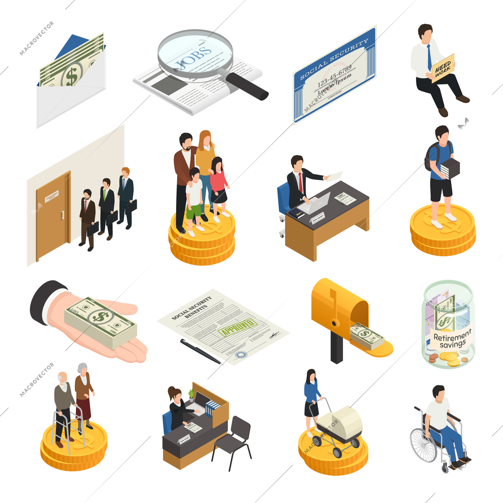 Social security isometric icons, unemployment, supports for families, students and single mothers, disability payments isolated vector illustration