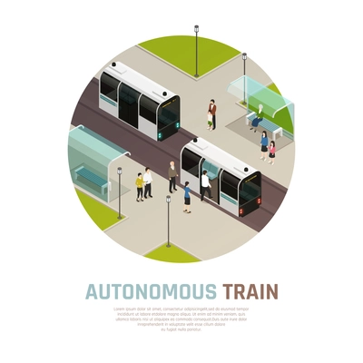 Smart city with autonomous transport, isometric round composition with driverless train with passengers on station vector illustration