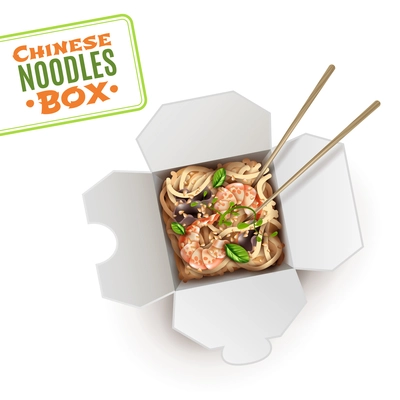 Realistic chinese noodles in cardboard box with chopsticks, top view, on white background isolated vector illustration