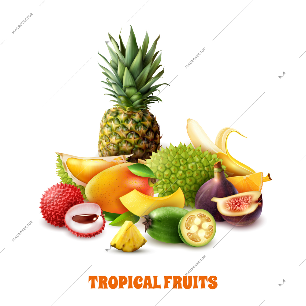 Composition from colorful exotic tropical fruits on white background 3d vector illustration