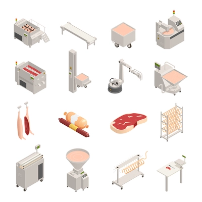 Sausage factory set of isometric icons, fresh meat and finished products, automated equipment, isolated vector illustration