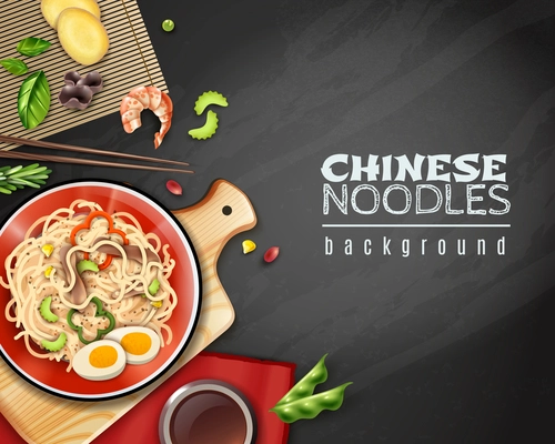 Realistic chinese noodles with egg and vegetables in plate on cutting board, black background vector illustration