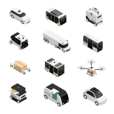 Autonomous vehicles isometric icons, driverless bus, taxi and truck, robotic delivery systems, isolated vector illustration