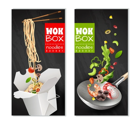 Realistic chinese noodles in carton box, wok with flying ingredients banners on black background isolated vector illustration