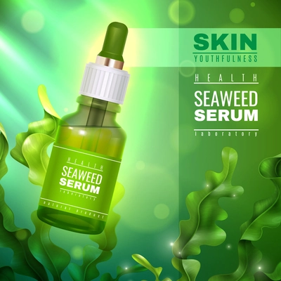 Realistic sea weeds, skin care cosmetics, vial of serum with kelp, product advertising green background vector illustration