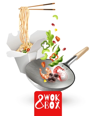 Realistic chinese noodles in cardboard box, wok with flying ingredients including vegetables, shrimps, mushrooms vector illustration