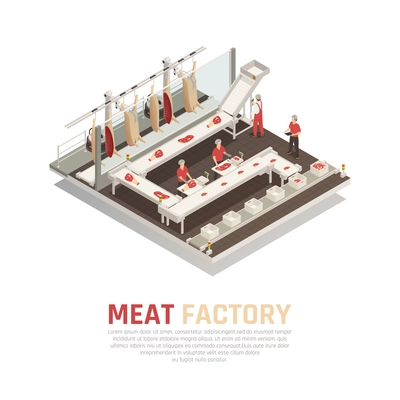 Meat factory isometric composition with processing line from carcass cutting to weighing and filling boxes vector illustration