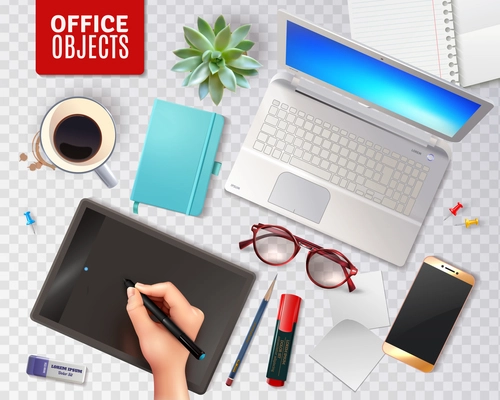 3D office objects on transparent background including personal accessories, electronic devices, stationery, plant and coffee vector illustration