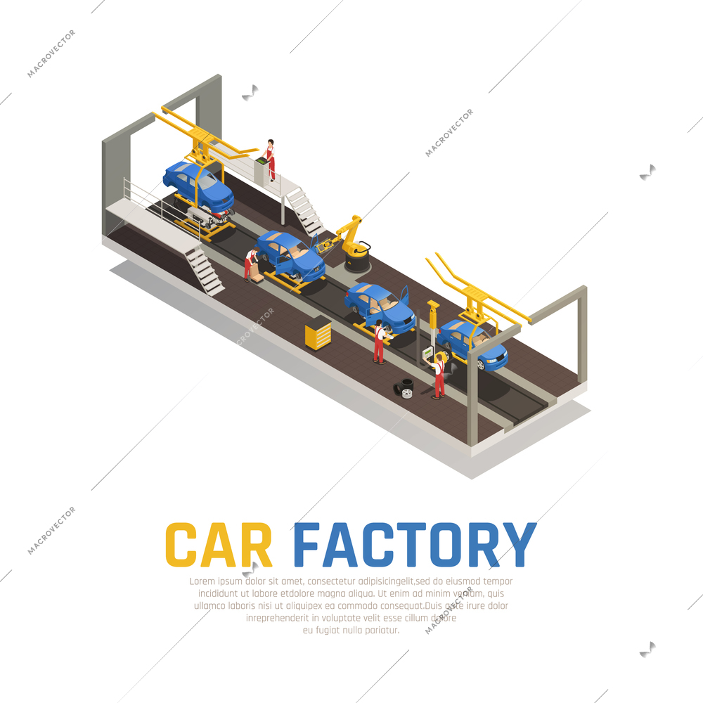 Car factory isometric composition, assembly line with robotic equipment and workers for control process vector illustration