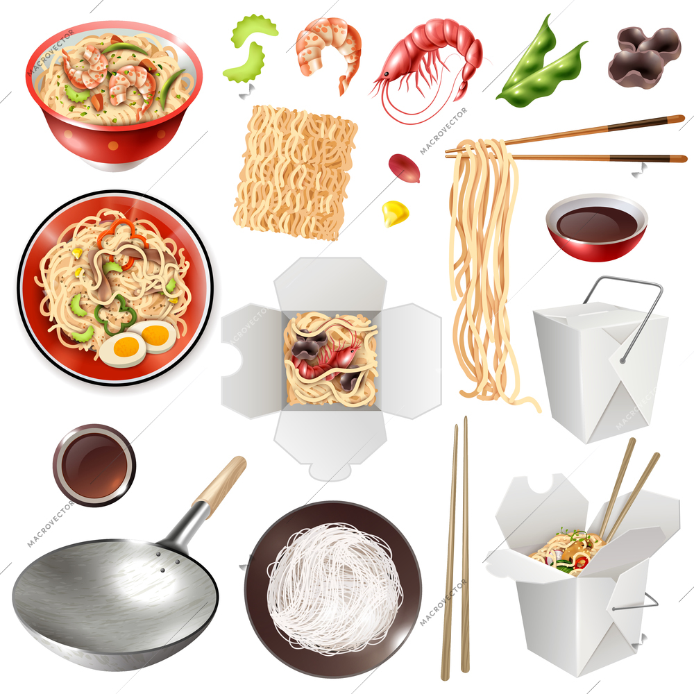 Set of realistic chinese noodles with vegetables, shrimps, mushrooms, soy sauce, chopsticks, wok isolated vector illustration