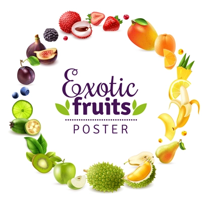 Exotic fruits including durian, lychee, fig, mango, pineapple, round rainbow frame on white background vector illustration