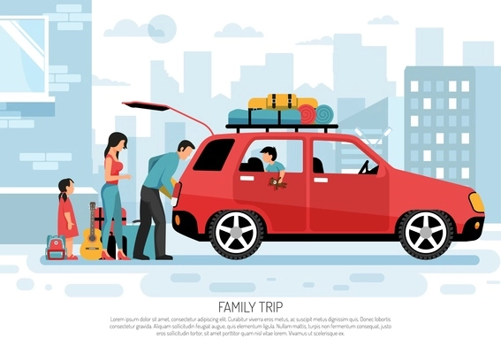 Young family with kids packing car for vacation road trip flat transportation  poster cityscape background vector illustration