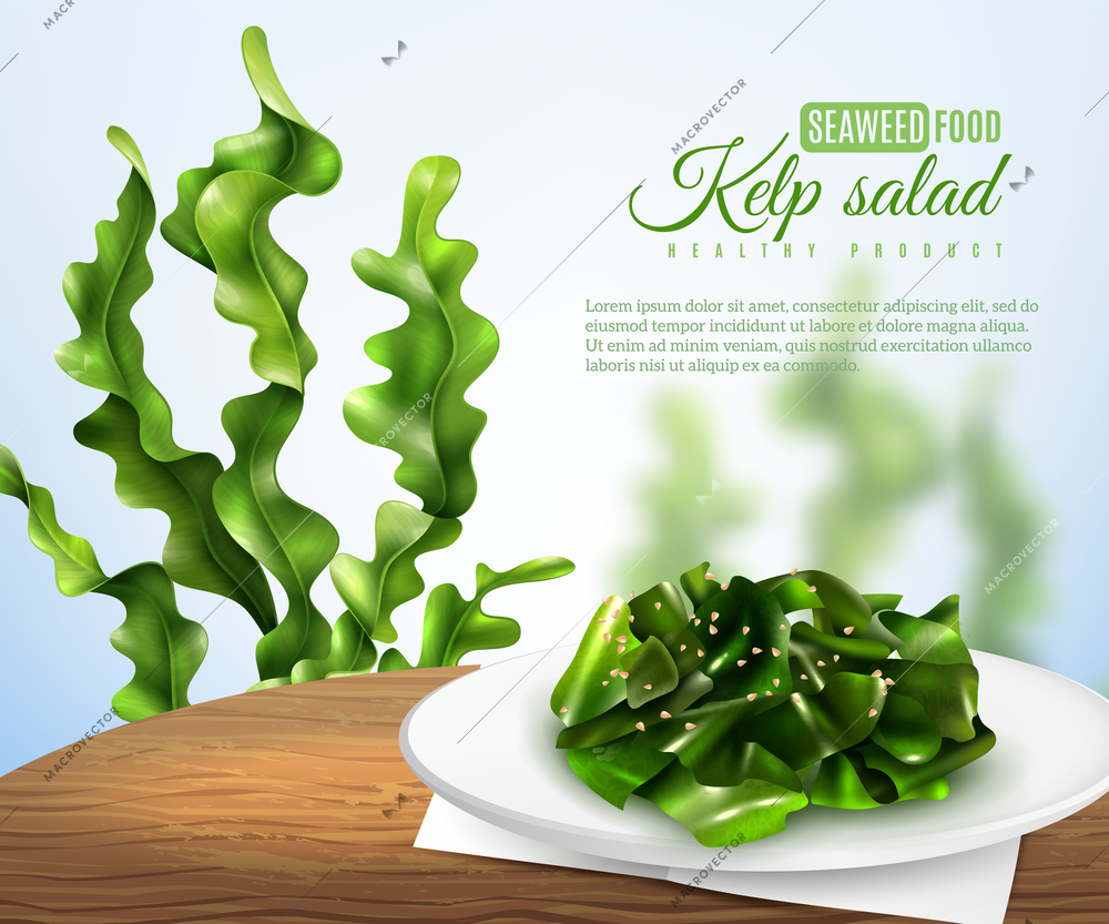 Realistic sea weed salad on white plate on wooden table, blurred background with kelp, vector illustration