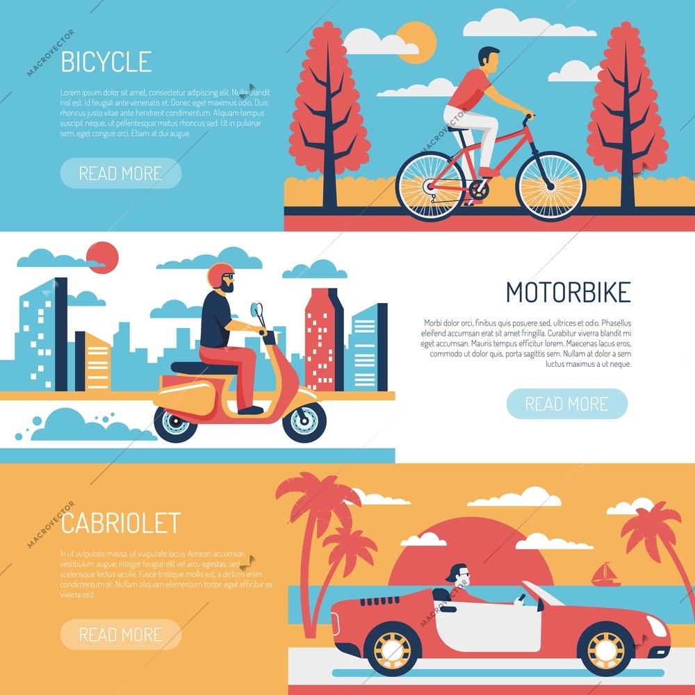 Transportation 3 flat horizontal retro banners website design with people riding bicycle motorbike in cabriolet vector illustration