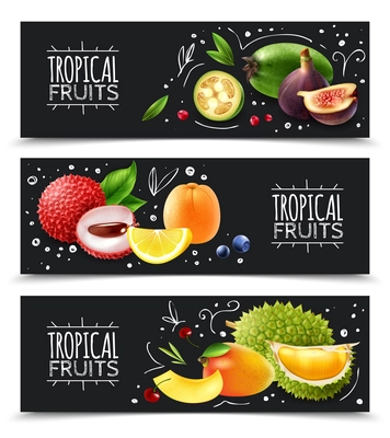 Set of horizontal banners exotic tropical fruits with design elements isolated on chalk board background vector illustration