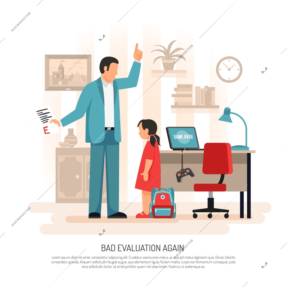 Parenting child rearing flat composition poster with dad and schoolgirl discussing primary school test results vector illustration
