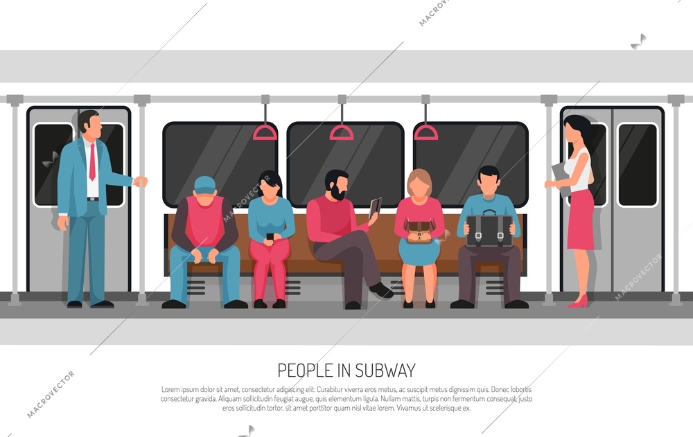 Subway underground transportation flat poster header title with metro commuter rail system train car passengers vector illustration