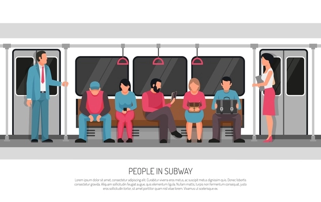 Subway underground transportation flat poster header title with metro commuter rail system train car passengers vector illustration
