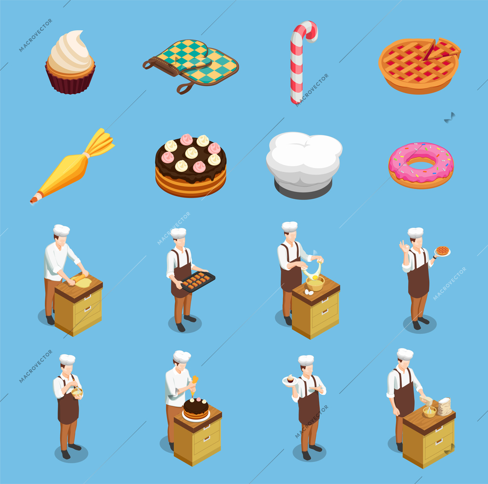 Confectionery chef isometric icons set on blue background isolated vector illustration