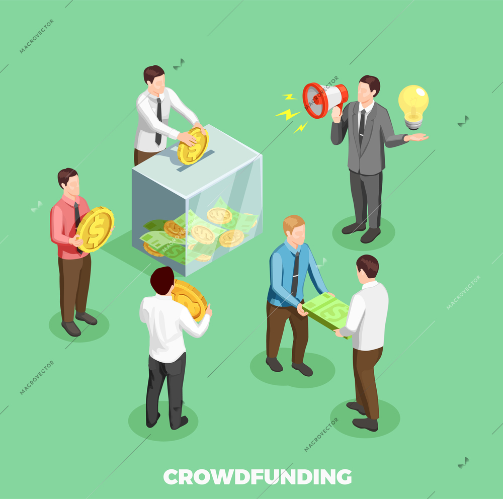 Crowdfunding isometric composition with business symbols on green background vector illustration