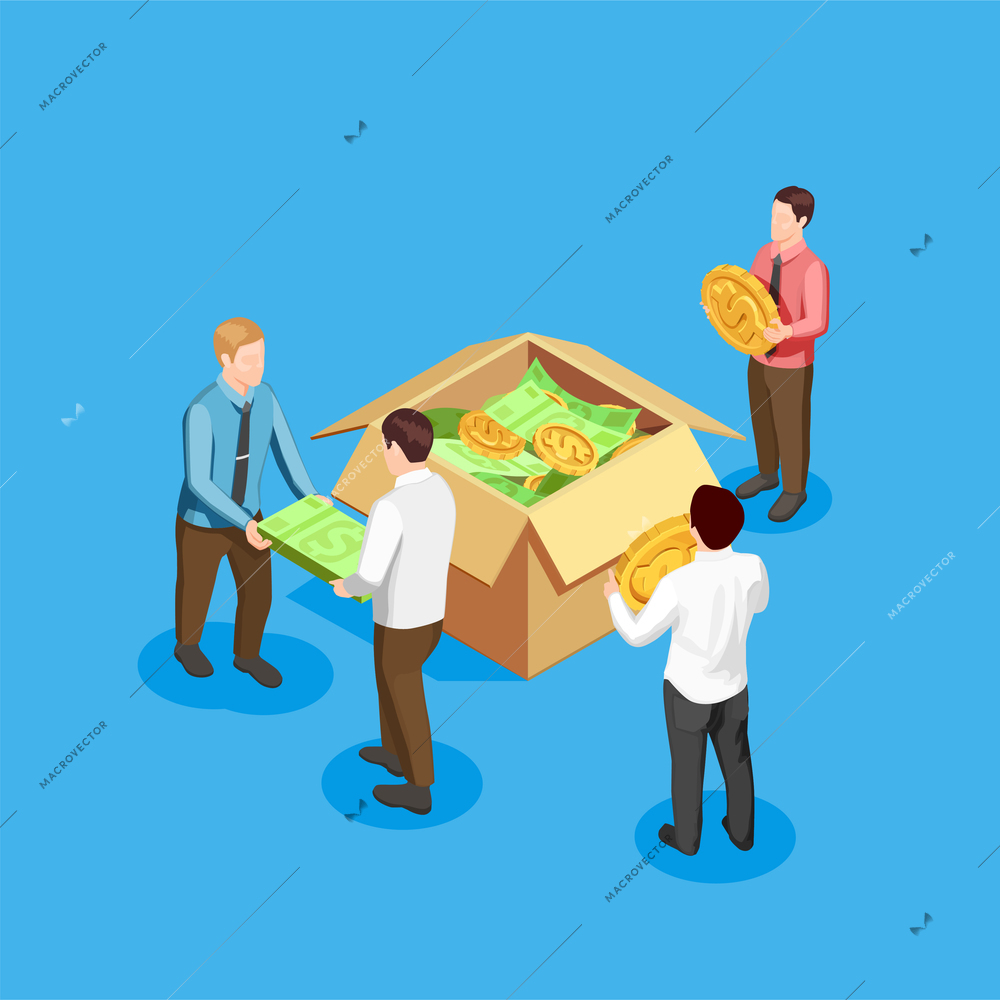 Crowdfunding and finance isometric composition with business and money symbols on blue background vector illustration