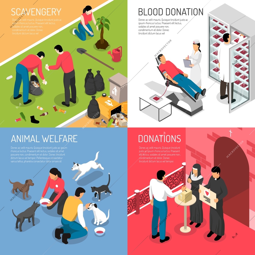 Volunteering charity concept 4 isometric icons square with scavengers team blood donation animal shelter isolated vector illustration
