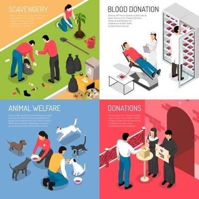 Volunteering charity concept 4 isometric icons square with scavengers team blood donation animal shelter isolated vector illustration