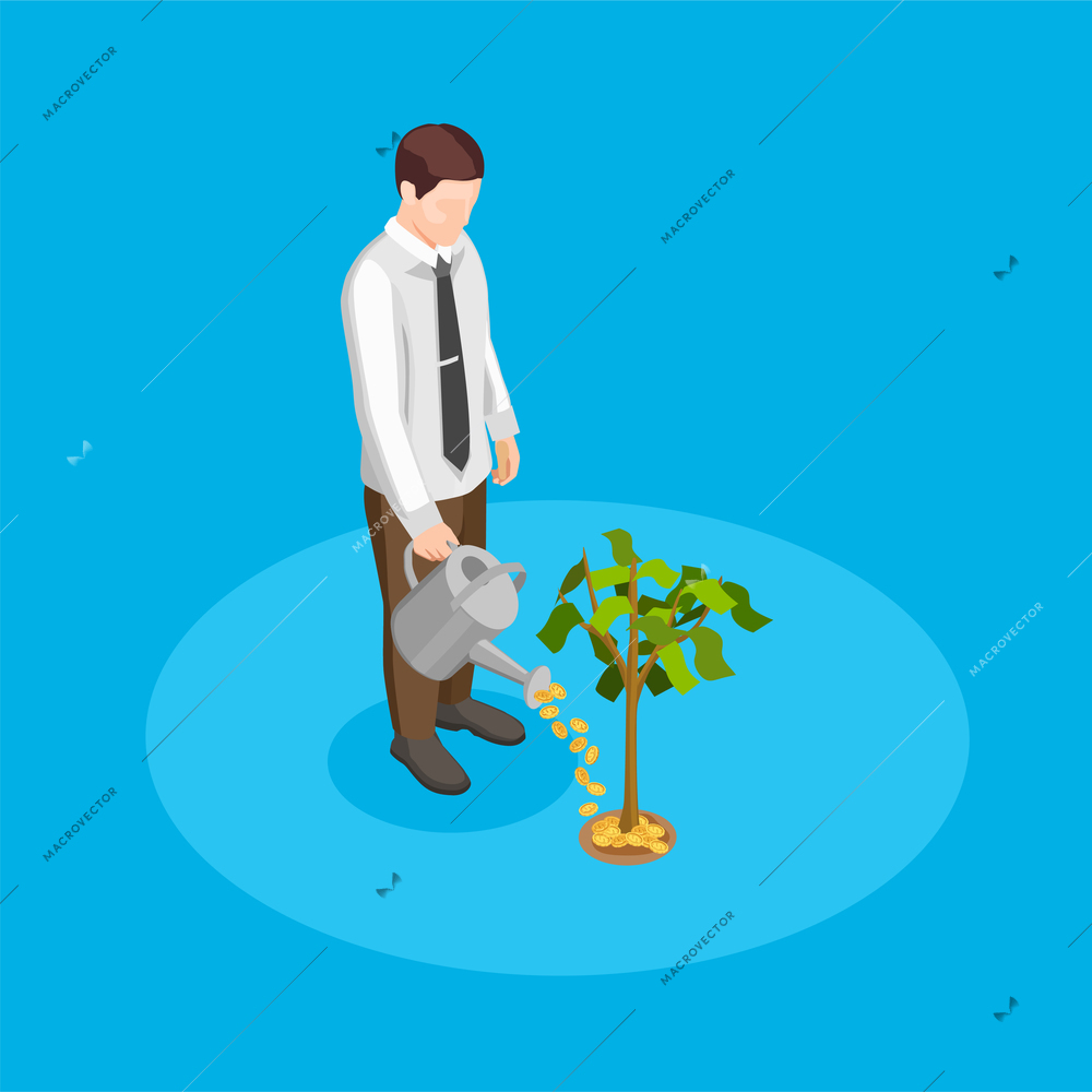Crowdfunding isometric conceptn with money tree symbols on blue background vector illustration