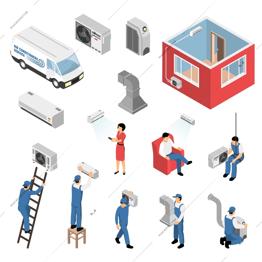 Air conditioners service isometric set with delivery van installation maintenance serviceman customer apartment cooling isolated vector illustration