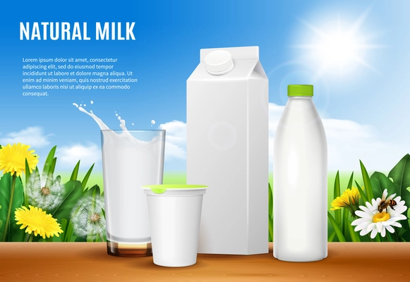 Dairy products packaging and glass of milk realistic composition on background of blue sky with flowers  vector illustration