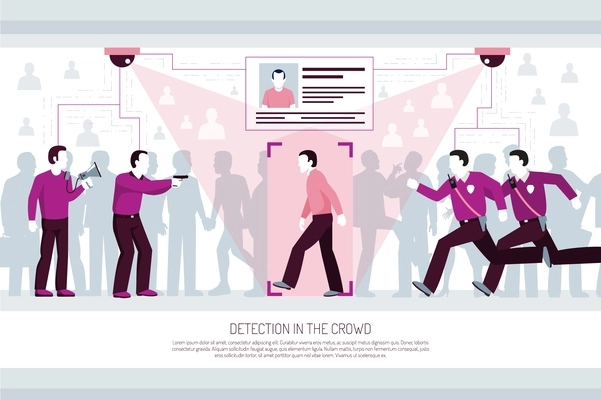 Identification technologies horizontal flat composition with person authentification recognition detection in crowd tracking and detention vector illustration