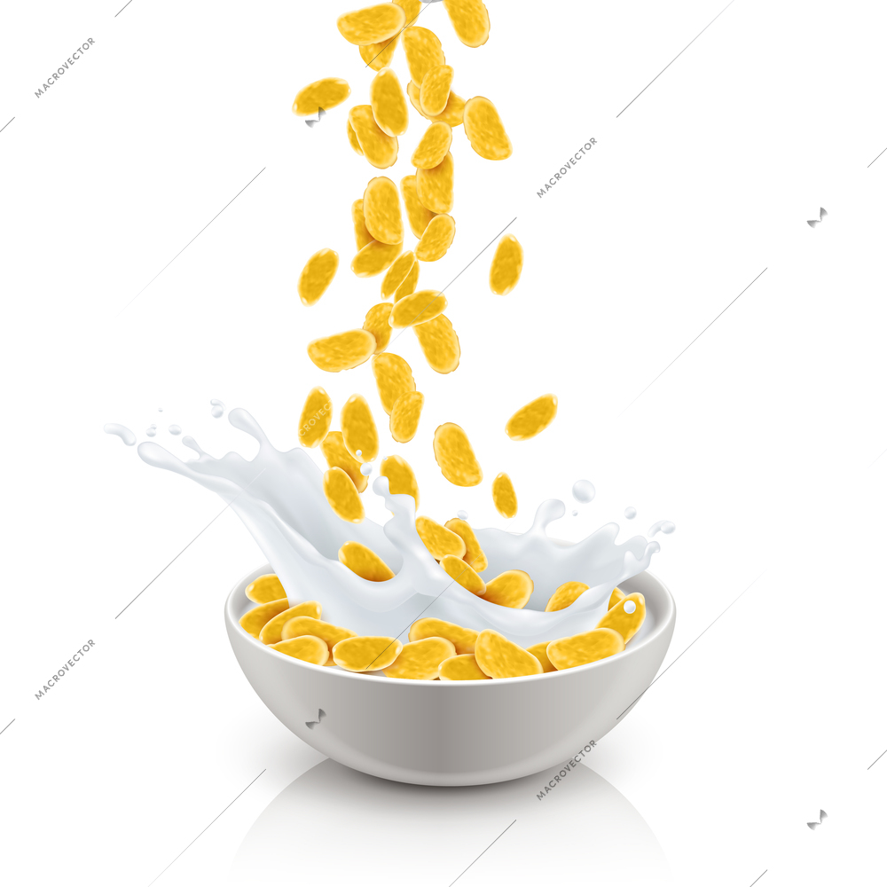 Crispy breakfast cereals in ceramic plate with milk, realistic composition on white background vector illustration