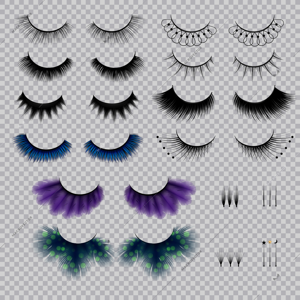 False eye lashes of various shape and color realistic set on transparent background isolated vector illustration