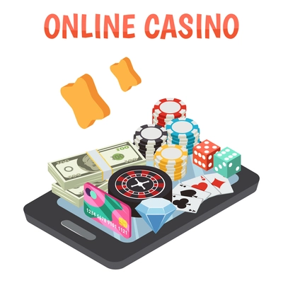 Online casino design concept set of roulette wheel game cards dice chips icons on smartphone screen isometric vector illustration