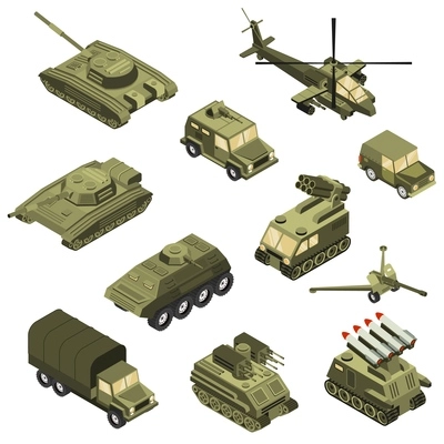 Military armored transportation cargo personnel carrier fighting land vehicles and helicopter isometric icons collection isolated vector illustration